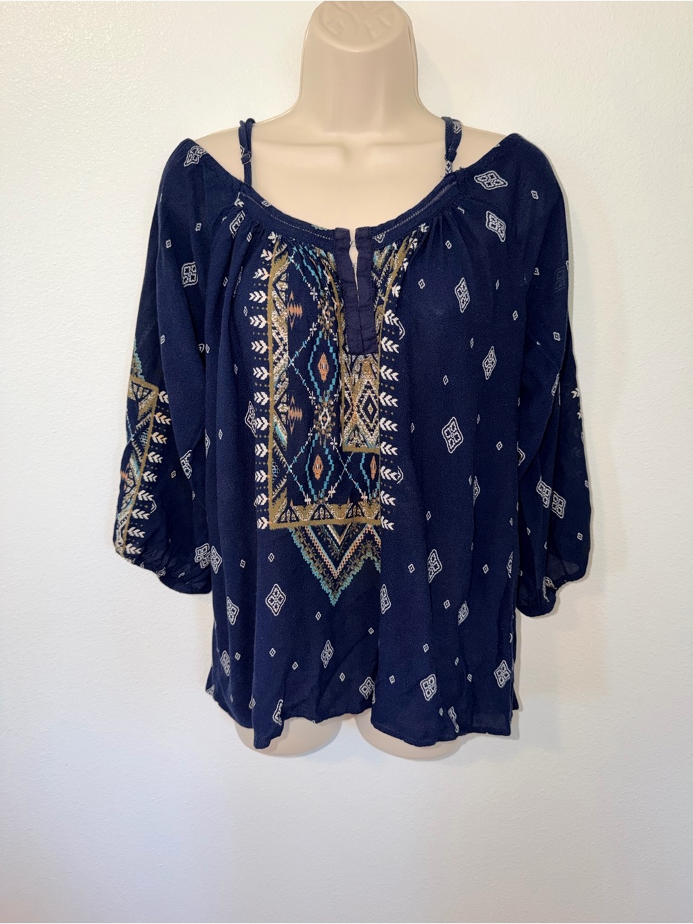 Blu Pepper Navy Peasant Tunic with Geometric Embroidery